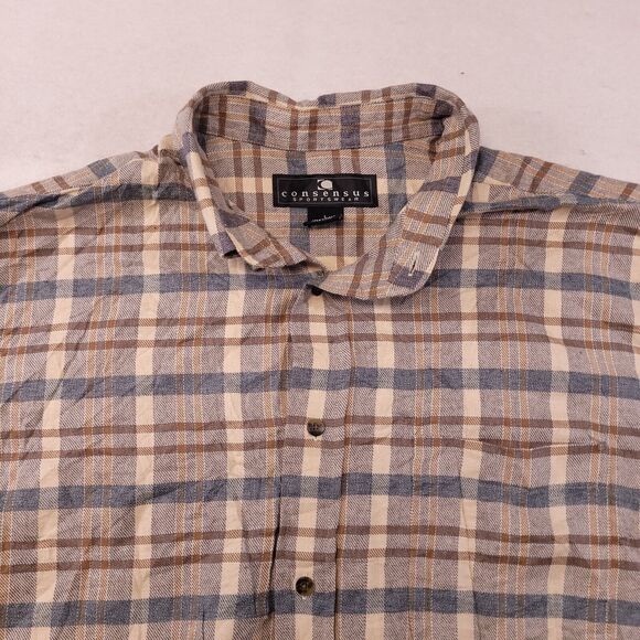 Consensus Tartan Flannel Casual Button Up Shirt Mens Size Large L Beige Blue - Picture 1 of 10